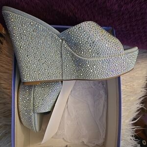 AKIRA Sparkling Light Blue Denim Wedge Heels